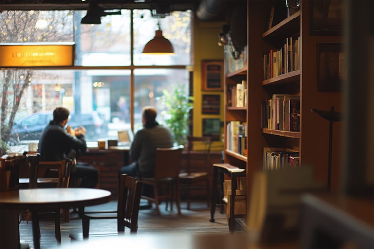 Intérieur d’un café avec une bibliothèque comme décor