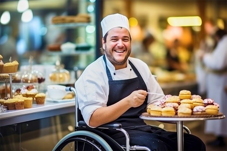 Un pâtissier en fauteuil roulant se sert une pâtisserie