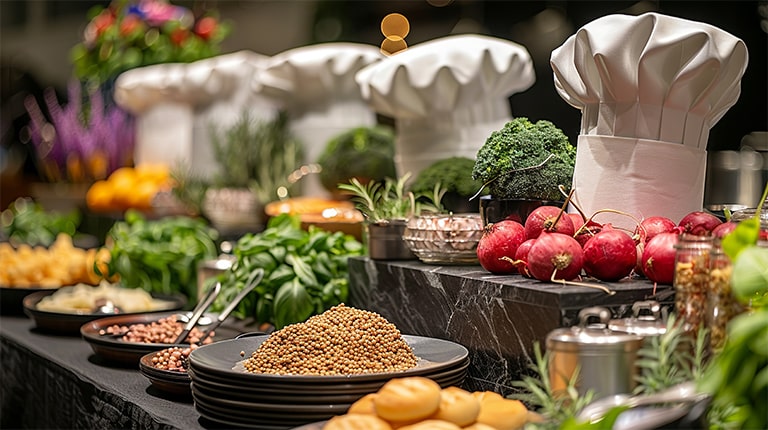 Plats disposés sur une table avec des toques en guise de décoration